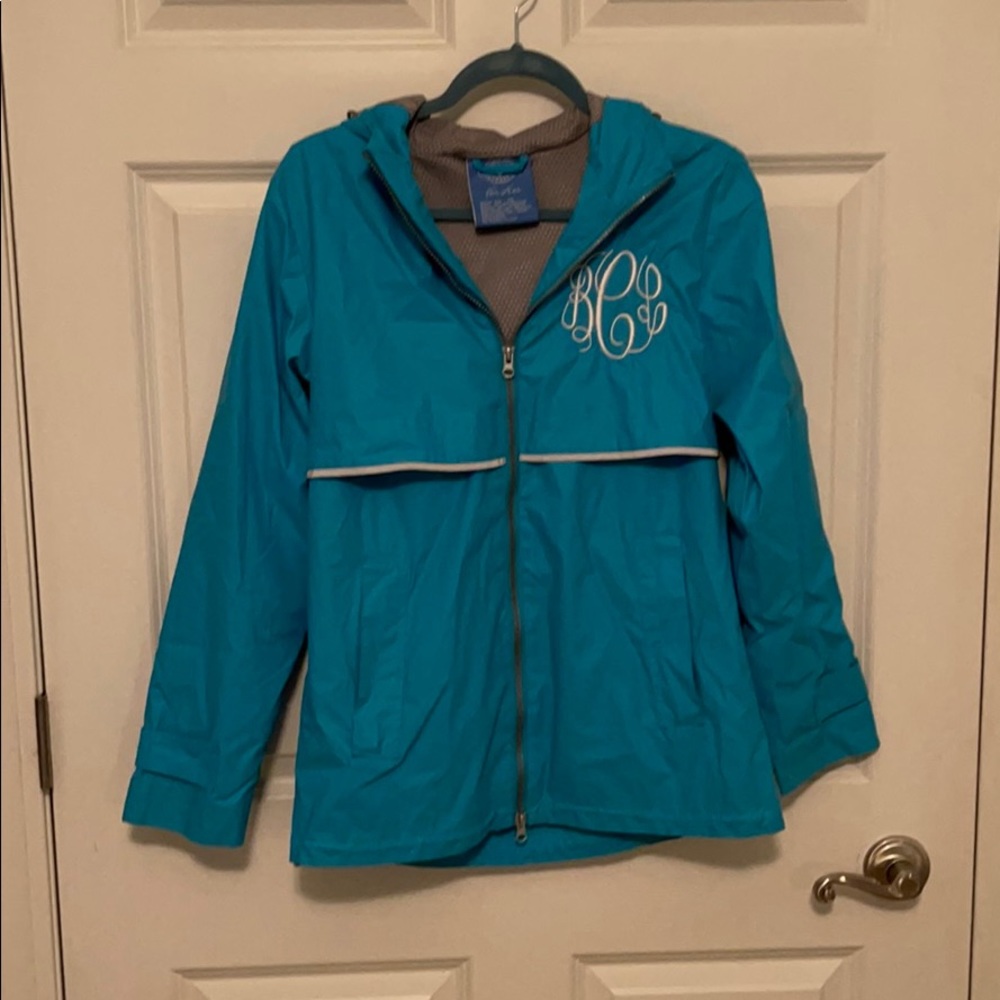 Charles River blue rain jacket with monogram
